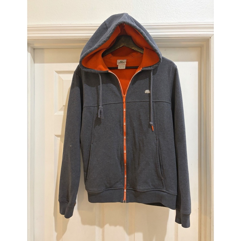 Lacoste Sport Gray Orange Full Zip Fleece Hoodie Pockets Men's Size S